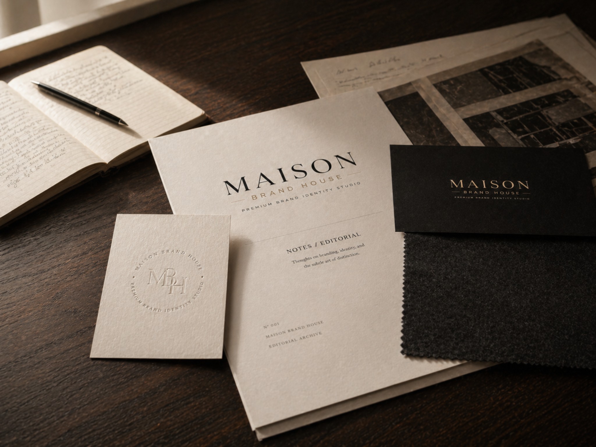 Editorial desk composition for Maison Brand House Notes