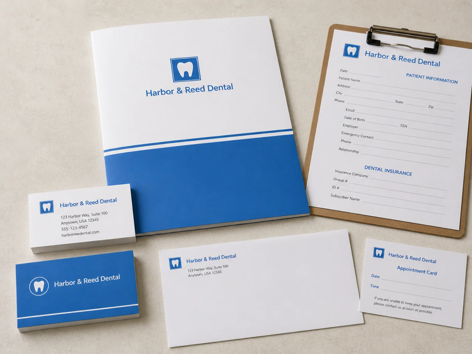 Before rebrand materials for Harbor & Reed Dental with a generic blue dental identity, tooth icon, and office-style patient forms.