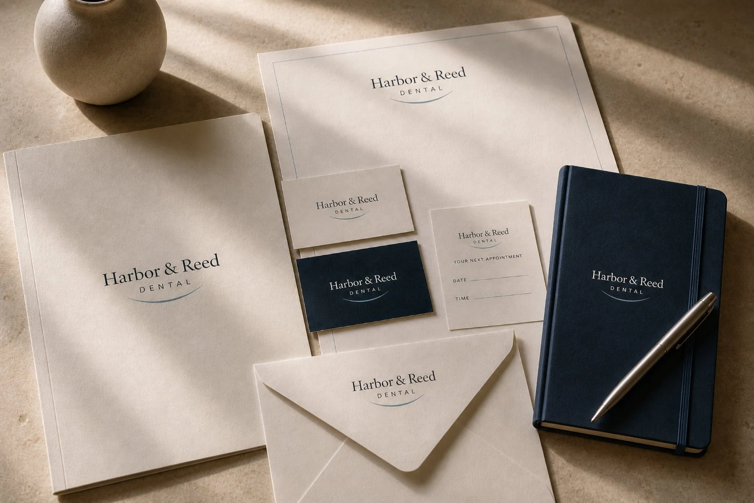 Harbor & Reed Dental refined brand kit with dark navy notebook, business cards, appointment card, envelope, folder, and stationery on warm stone surface.
