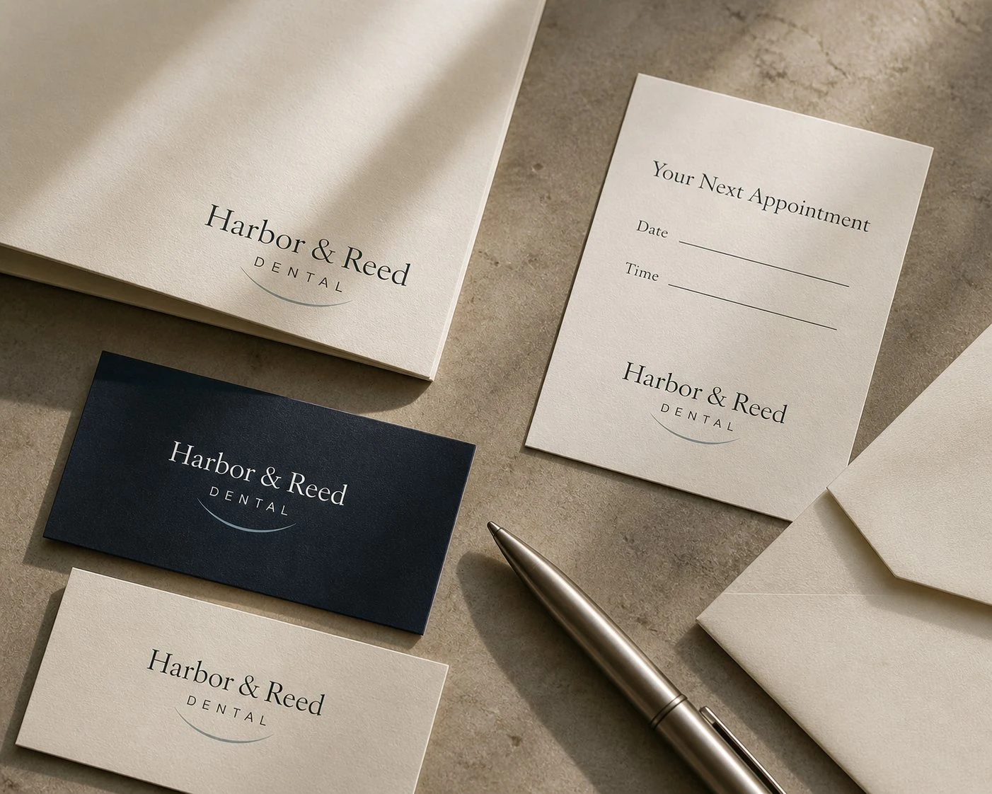 Close-up of Harbor & Reed Dental patient materials with business cards, appointment card, envelope detail, and refined metal pen.