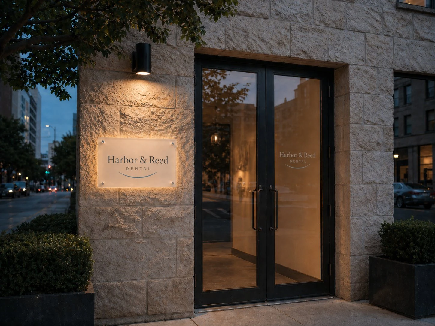 Harbor & Reed Dental exterior storefront with refined illuminated wall sign and glass entry doors.