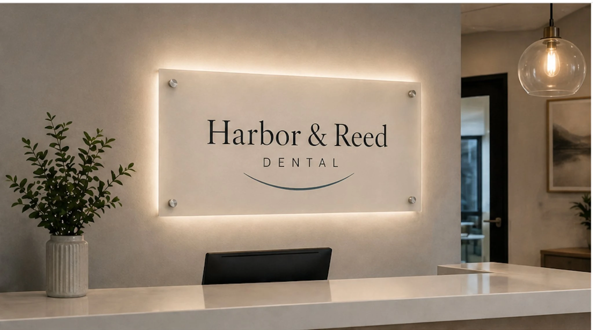 Harbor & Reed Dental reception interior with illuminated acrylic wall sign behind the front desk.