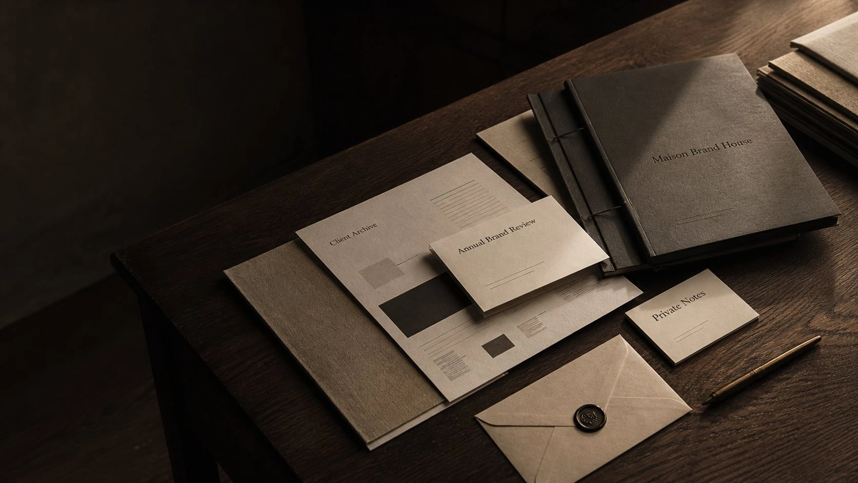Maison Brand House client archive, Annual Brand Review card, Private Notes, and sealed envelope on a dark editorial desk.